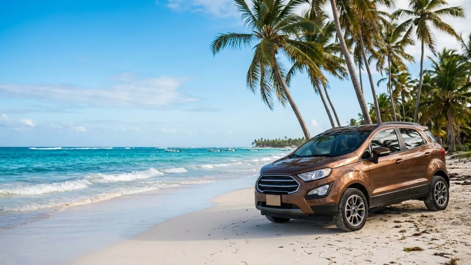 Brązowy SUV zaparkowany na dominikańskiej plaży wśród palm i turkusowej wody