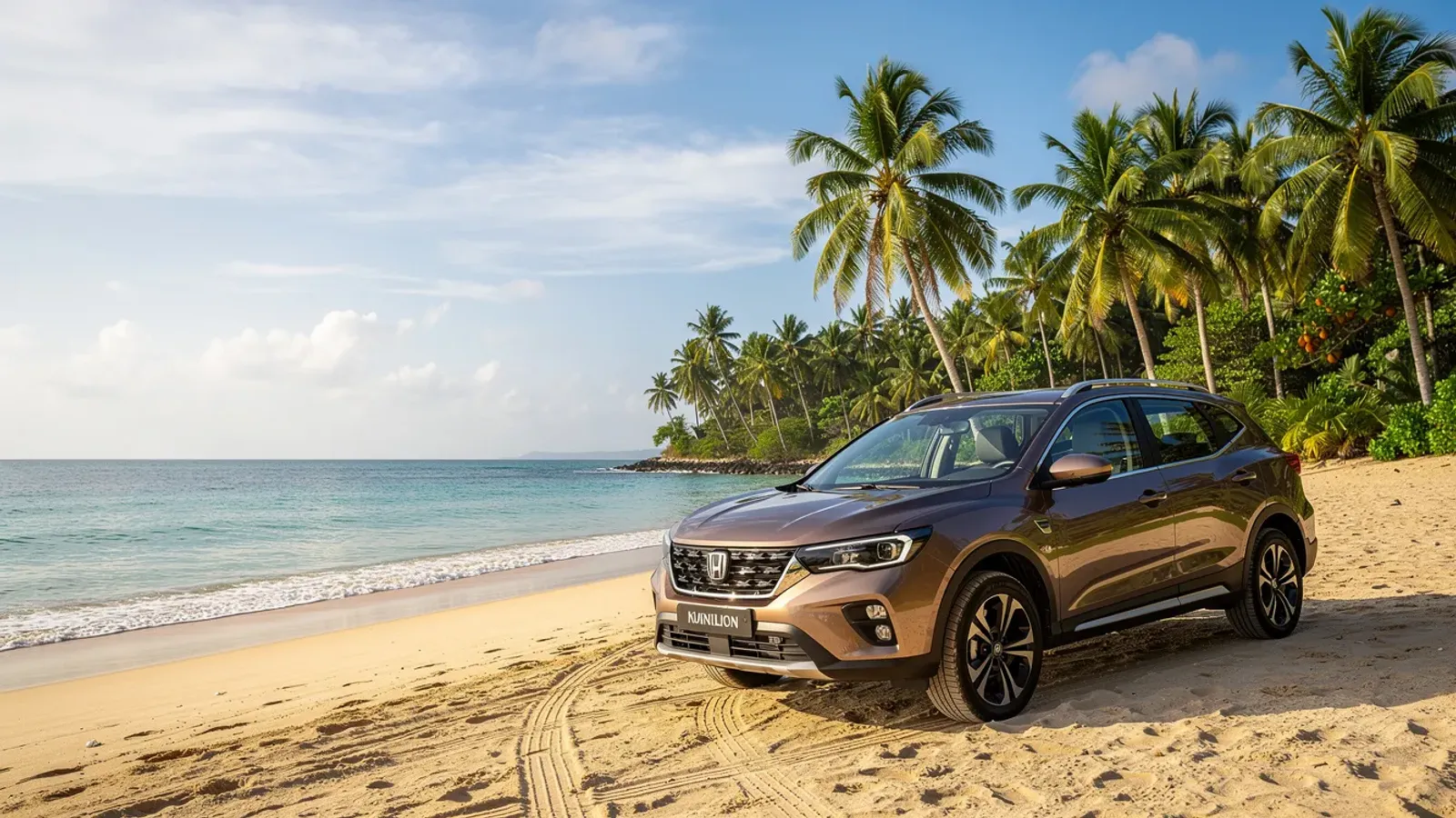 Brązowy SUV na dominikańskiej plaży, wśród palm i turkusowej wody