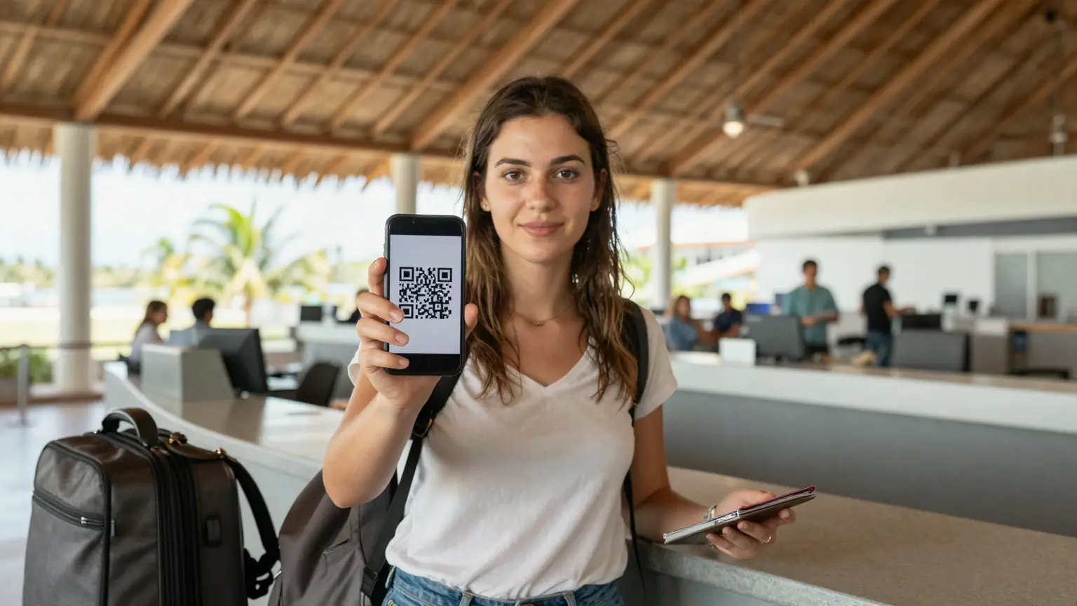 Uma viajante no balcão de check-in de um terminal caribenho aberto mostra no celular o QR code do seu E-Ticket (ilustração gerada por IA)