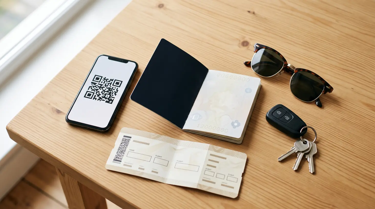 Celular com o QR code do E-Ticket ao lado de um passaporte aberto, um cartão de embarque e as chaves do carro sobre a mesa na véspera do voo
