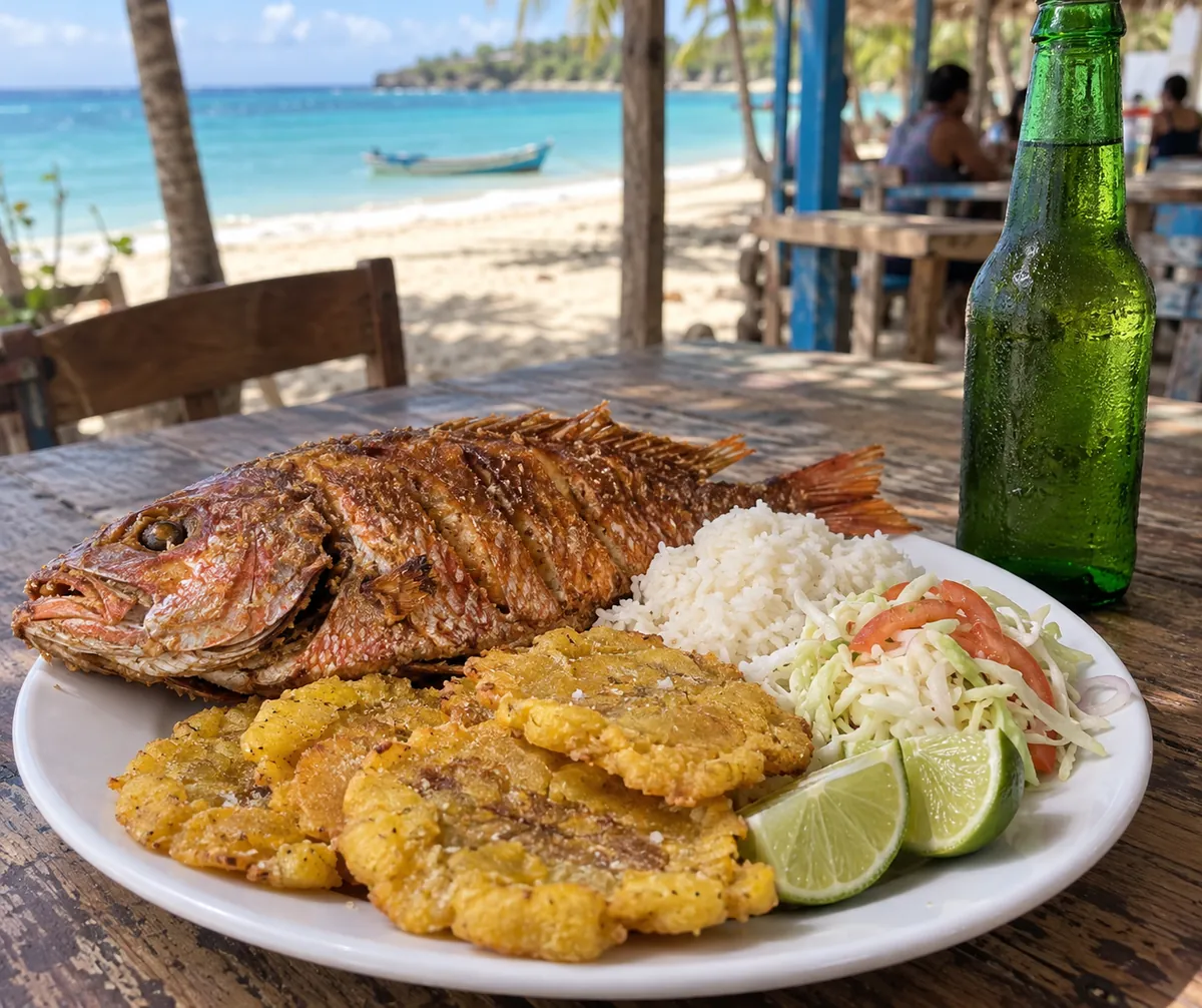 Vivaneau rouge frit entier avec tostones, riz blanc, salade de chou et tomate et quartiers de citron vert, à côté d’une bière fraîche dans une cabane de plage dominicaine