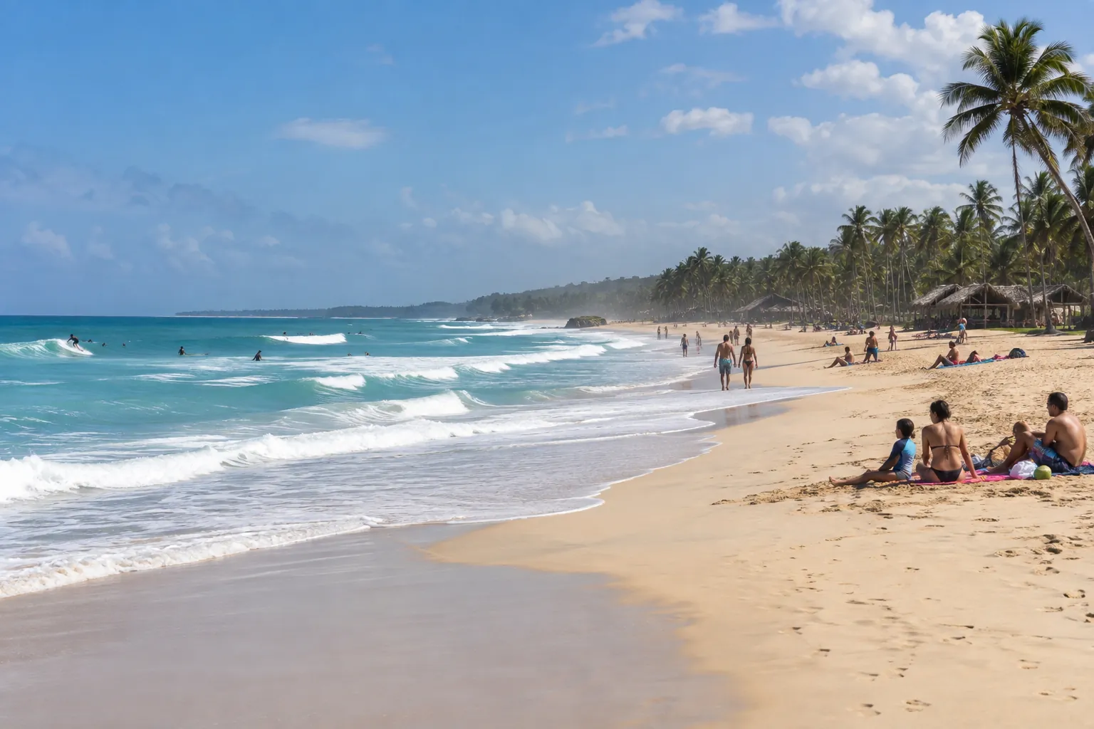 Grande plage publique bordée de cocotiers, surfeurs à gauche et familles dominicaines sur le sable, comme Playa Macao près de Punta Cana (illustration générée par IA)