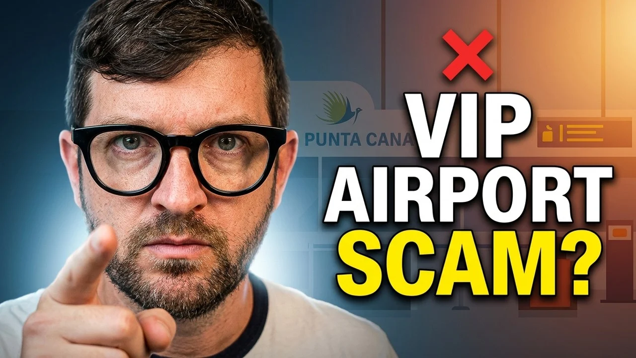 Alexander Karpetsky apontando para a câmera ao lado da frase VIP Airport Scam, com o aeroporto de Punta Cana ao fundo