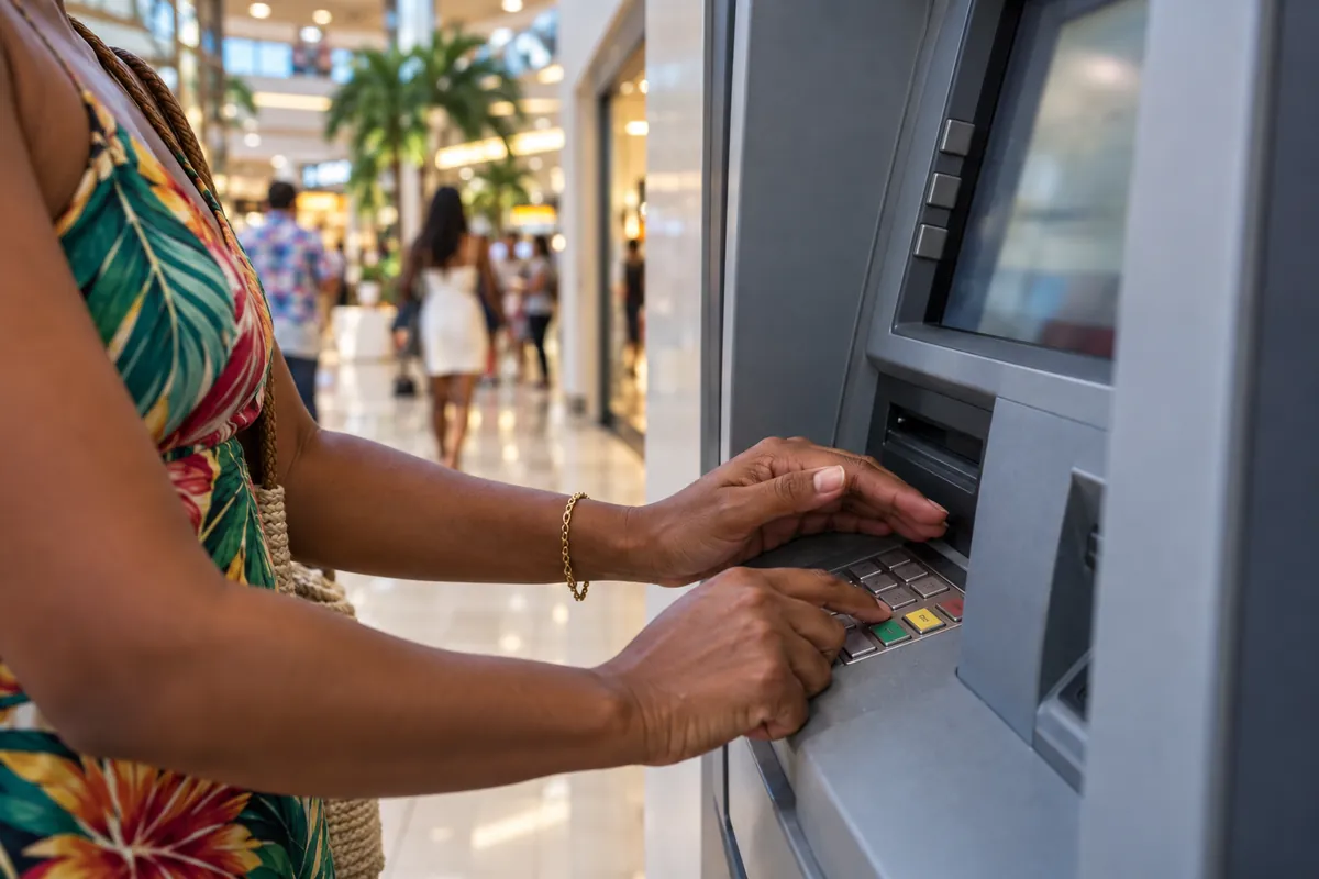 A traveler shields the keypad with one hand while entering a PIN at an indoor ATM in a busy shopping mall