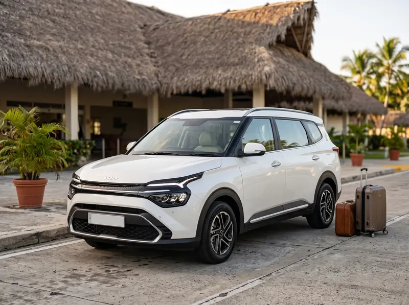 Kia Carens bianca, SUV a 7 posti, in attesa nella corsia di ritiro dell’aeroporto di Punta Cana con le valigie