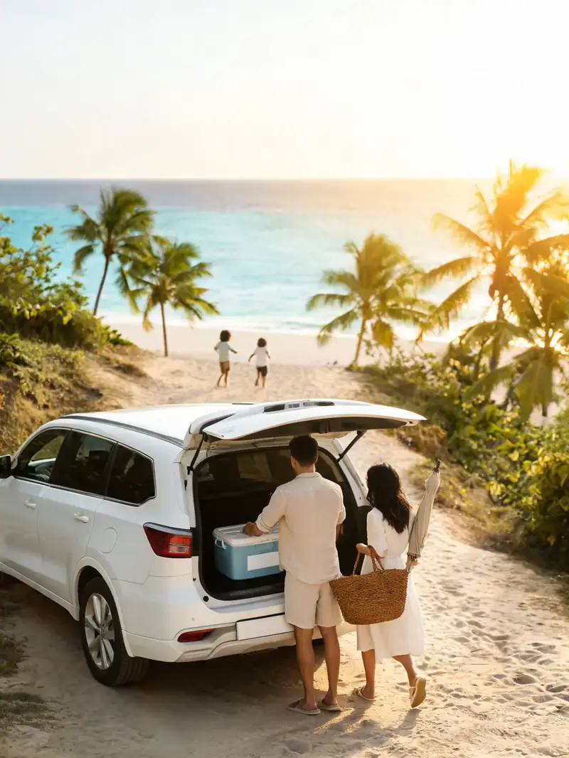 Famiglia che scarica le borse da spiaggia dal bagagliaio di un SUV bianco sopra una spiaggia caraibica