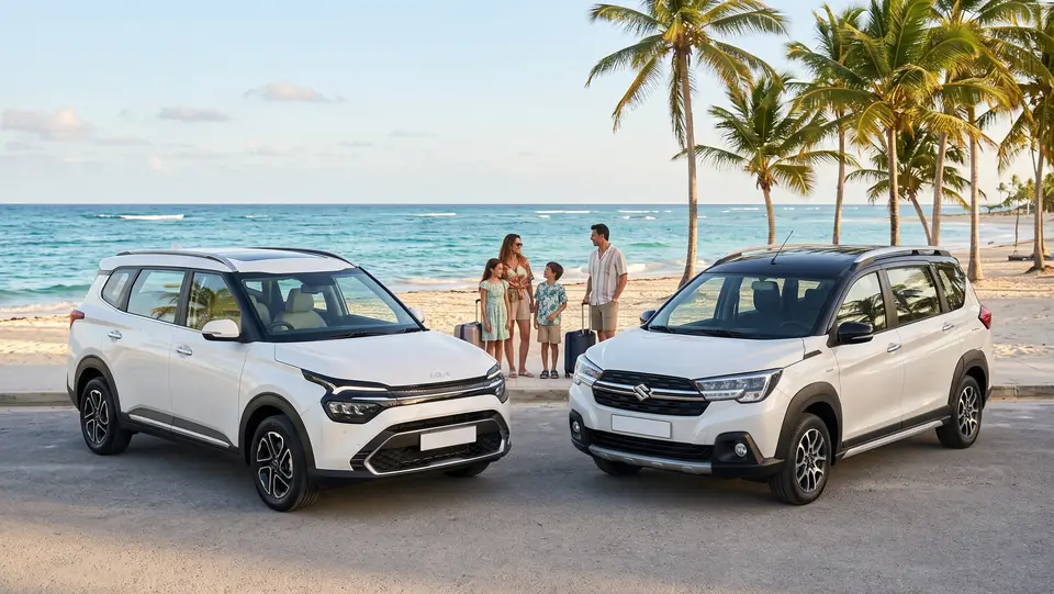 SUV a noleggio Kia Carens e Suzuki XL7 Hybrid parcheggiati vicino a una spiaggia con le palme a Punta Cana, con una famiglia e le valigie sullo sfondo